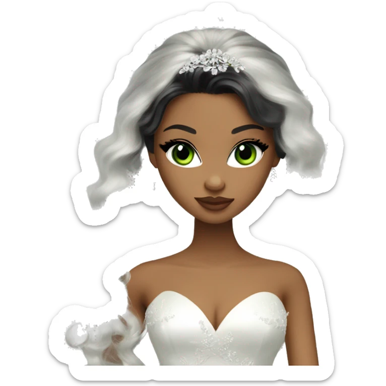 Bratz, bride, black wavy long hair, olive skin, green almond cat eyes sticker