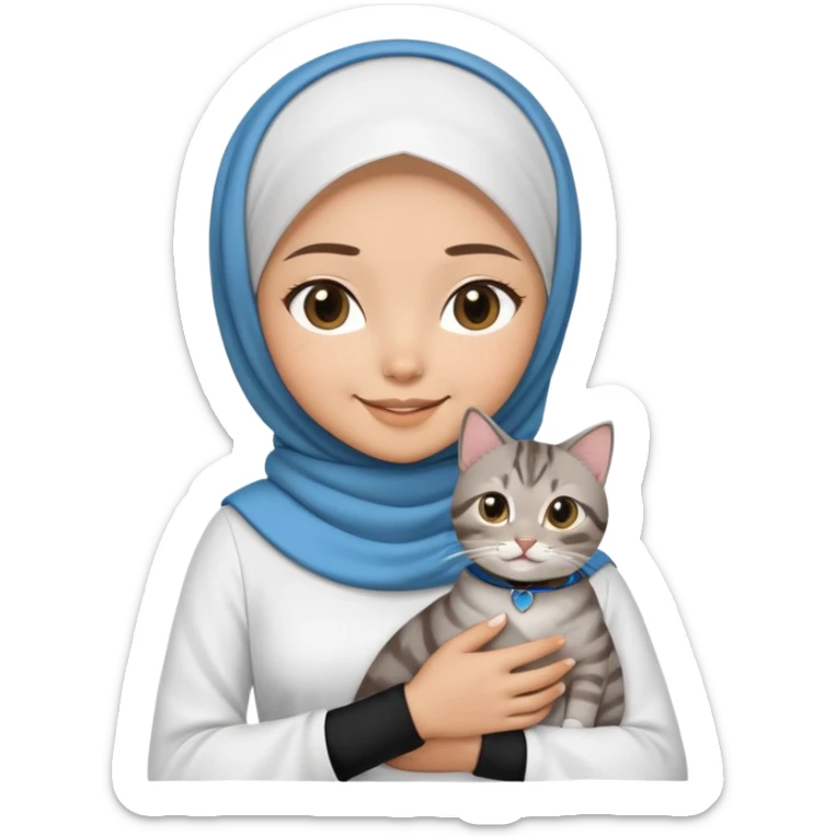 Asian White girl wearing hijab and white dress holding a black grey tabby cat while smiling.  The cat is wearing a blue collar sticker