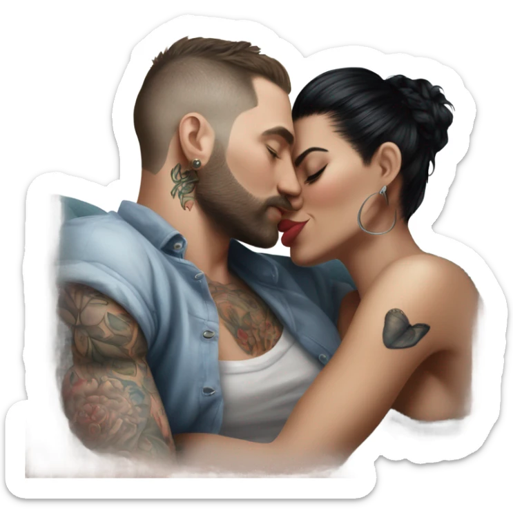 Hyper Realistic beautiful woman in the arms of a very handsome tattooed man kissing on a sofa sticker