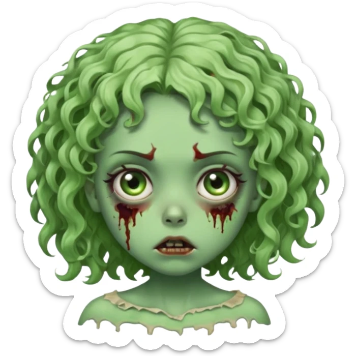 Uma garota zumbi com o cabelo cacheado baixo e mecha descolorida,olho meio grande e bonitos e rosto redondo bem fofinha e linda e com aparência de zumbi verde e meio assustadora com o semblante de cansada sticker