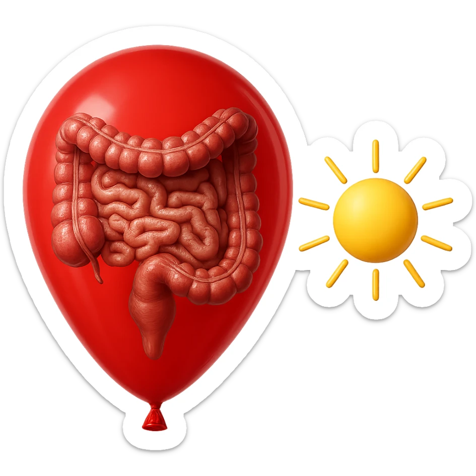 intestino umano anatomico chiuso in un palloncino rosso che simboleggia gonfiore, accanto un simbolo di sole che simboleggia "gonfiori di mattina", iperrealistico 4k sticker