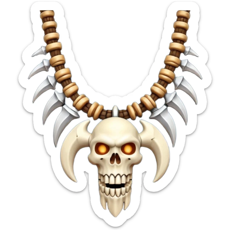 barbarian necklace object icon, necklace made of bones and fangs, rugged tribal jewelry, 3D cartoon, mobile game icon style, centered, clean background, no text, no watermark sticker