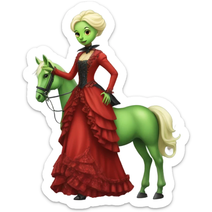 "galora green blonde alien woman" in red Victorian dress elegant, full body, winged horse sticker