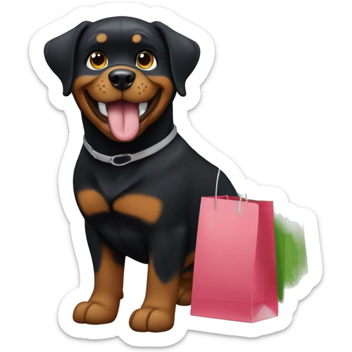 Pretty happy rottweiler girl with shopping bags. The bags say “fressnapf” sticker