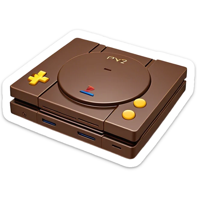 Clash of Clans aesthetic: Cinematic Playful PlayStation 2 Slim Portrait Emoji, rendered in a 3D vector-style similar to standard emojis with minimal shading and bold, simplified shapes. A compact, distinct form with signature details, softly glowing with a cutting-edge console technology charm. Simplified yet unmistakably iconic, highly detailed and consistent, glowing with a soft radiance and high shine. Stylized with a touch of technological advancement and a soft glowing outline, capturing the essence of a beloved gaming relic with a friendly, playful manner! sticker