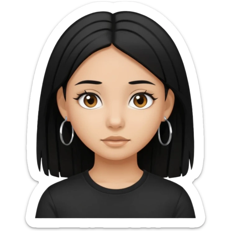 a pretty bratz girl with straight black hair wearing a black tshirt and silver hoops. tan girl sticker