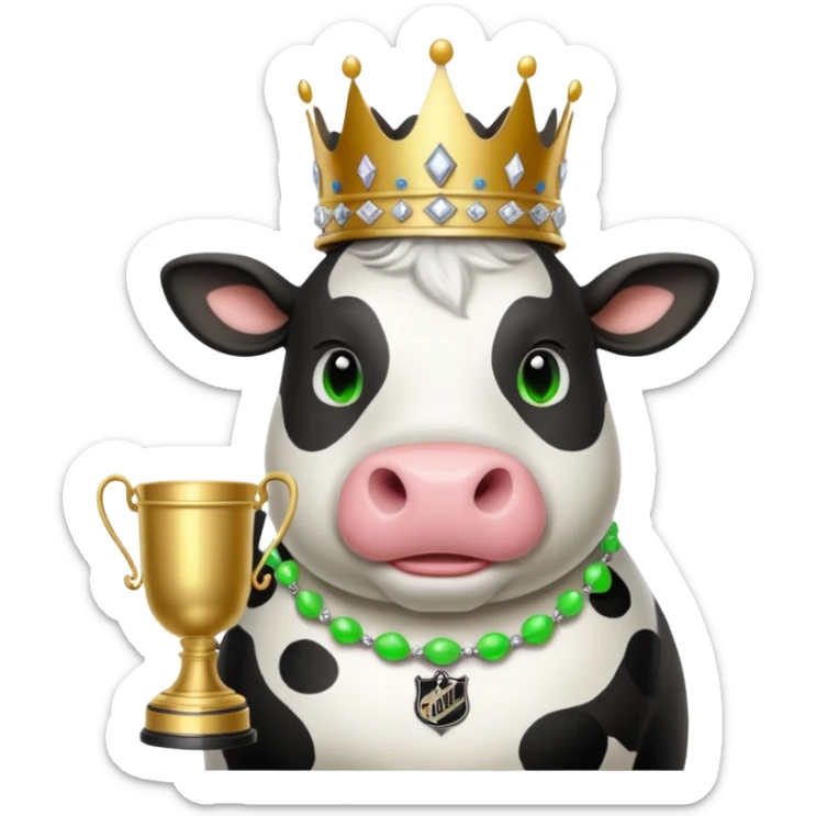 A fat cow wearing wearing a tiara with a Stanley Cup and it’s eyes neon green ￼ sticker