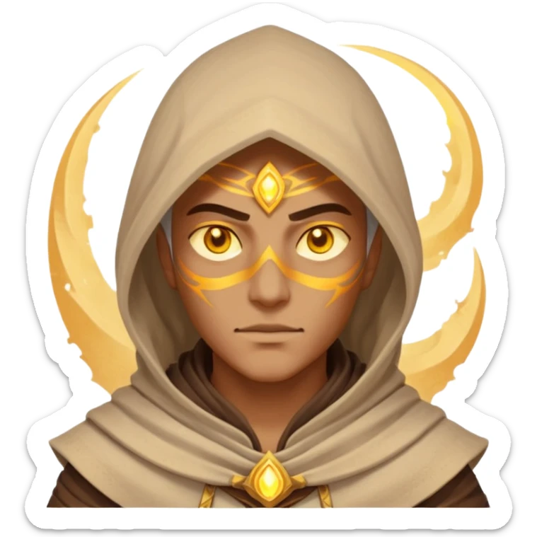 desert sand mage portrait, head and shoulders only, mystical hood, swirling sand aura, glowing eyes, fantasy vibe, 3D cartoon, mobile game icon style, clean background, no text, no watermark
 sticker