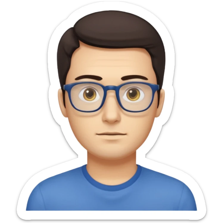 a young man around 30 years old, dark brown eyes, with dark brown hair, longer rectangular face, longer jaw, light yellow skin color, small eyes with rectangle shape glasses, without beard, no forehead wrinkles, wear deep blue shirt sticker