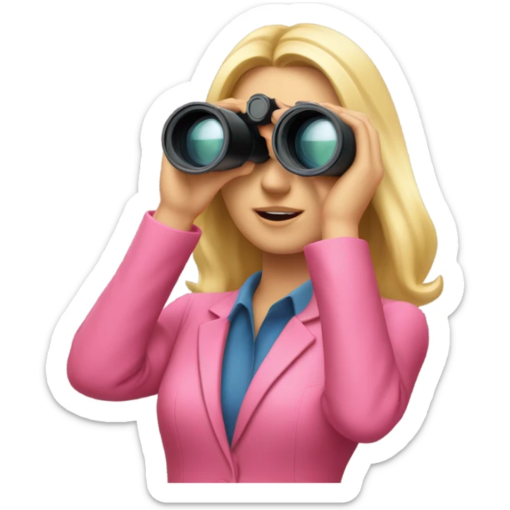 white female employee with pretty face and loose blonde hair wearing intensive color pink suit looking in binoculars. Upper-body only. sticker