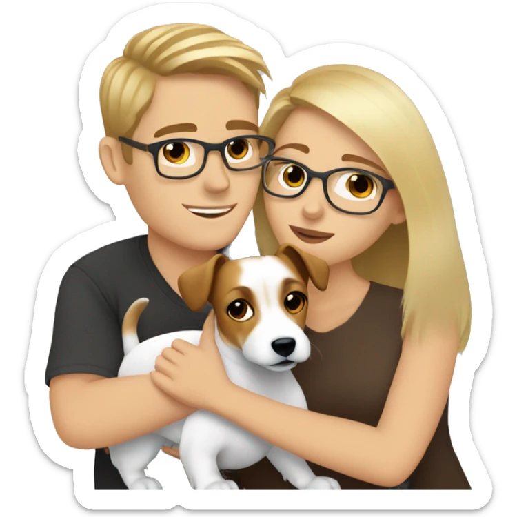 Blonde girl and her white boyfriend with brown hair and glasses cuddling a jack Russell  sticker