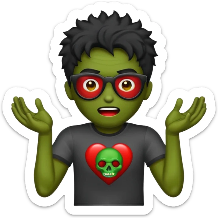 Crie um zumbi com sangue estilo emoji do iPhone com cabelo ondulado grande preto com camiseta preta e óculos de grau preto sticker
