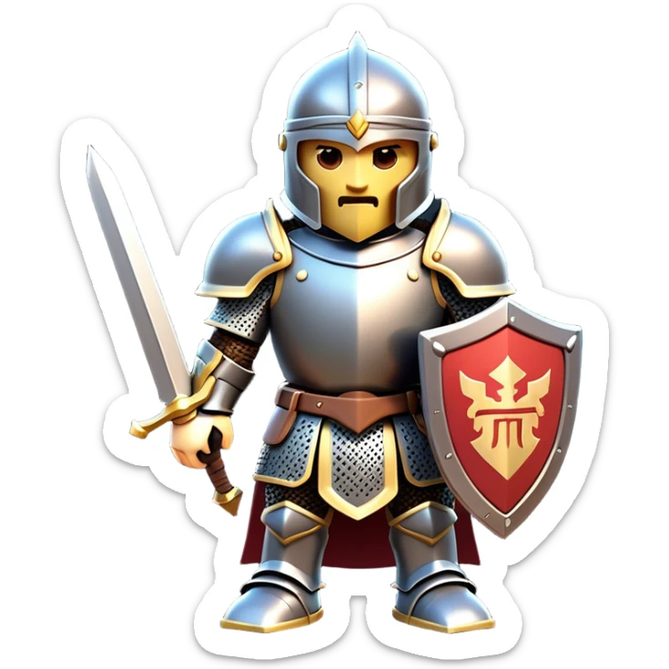 Clash of Clans aesthetic: Cinematic Playful Armored Knight Hero Emoji, rendered in a 3D vector-style similar to standard emojis with minimal shading and bold, simplified shapes. A compact, isometric warrior clad in gleaming plate armor with intricate heraldic details, softly glowing with a chivalrous medieval charm. Simplified yet unmistakably iconic, highly detailed and consistent, glowing with a soft radiant shine and high polish. Stylized with a touch of noble valor and a soft glowing outline, capturing the essence of a gallant knight ready for honorable battle with a friendly, playful manner! sticker