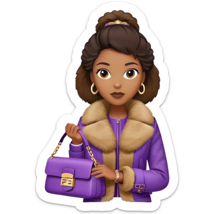 Beautiful black woman wearing a brown monogram Fendi jacket with a fur trim. She is carrying a purple Fendi baguette bag. I want the image to start at her head and end at the chest sticker