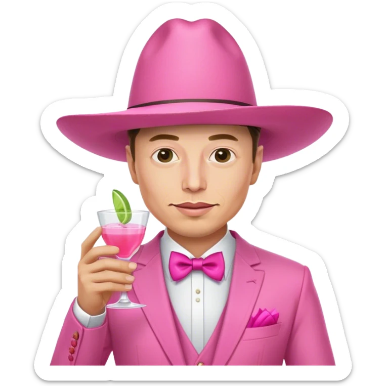 Elon Musk exact looking man in pink sombrero, dressed in an all-pink suit, with one hand holding pink tequila shot sticker