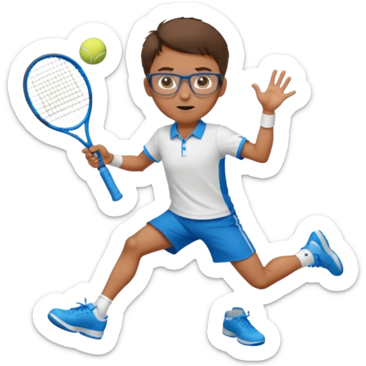 homme l'air cool taille moyenne corpulence maigre cheveux chatain court yeux bleus lunettes photo de pieds en pantalon qui fait du tennis pe sticker