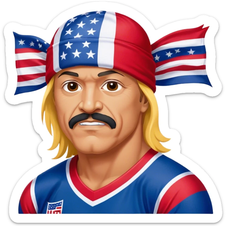 U.S.A. hockey jersey, red, white, and blue with a picture of Kid Rock on it. The helmet is a Hulk Hogan, red and yellow bandanna. sticker