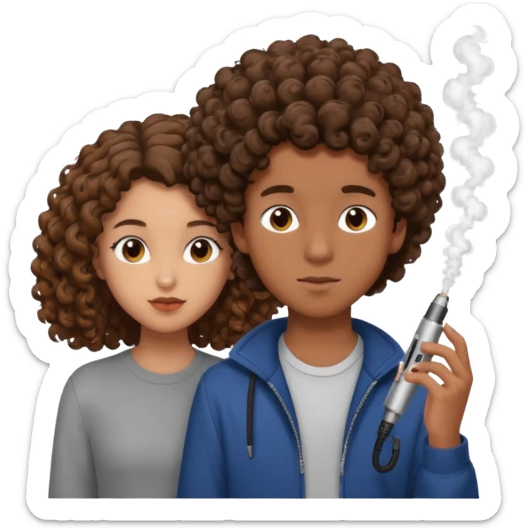 teenage boy with brown skin vaping a brown puff, standing close to a mixed-race girl with beautiful brown curly hair, both look in love, affectionate expression sticker