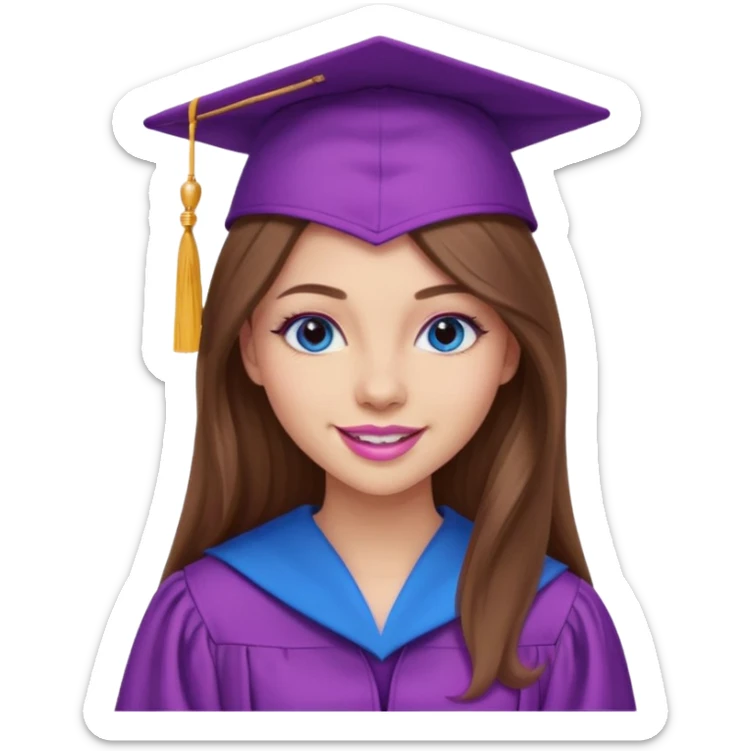 girl with gorgeous long brown hair, blue eyes, long lashes makeup, sexy pink lips, wearing a purple and pink graduation cap and gown sticker