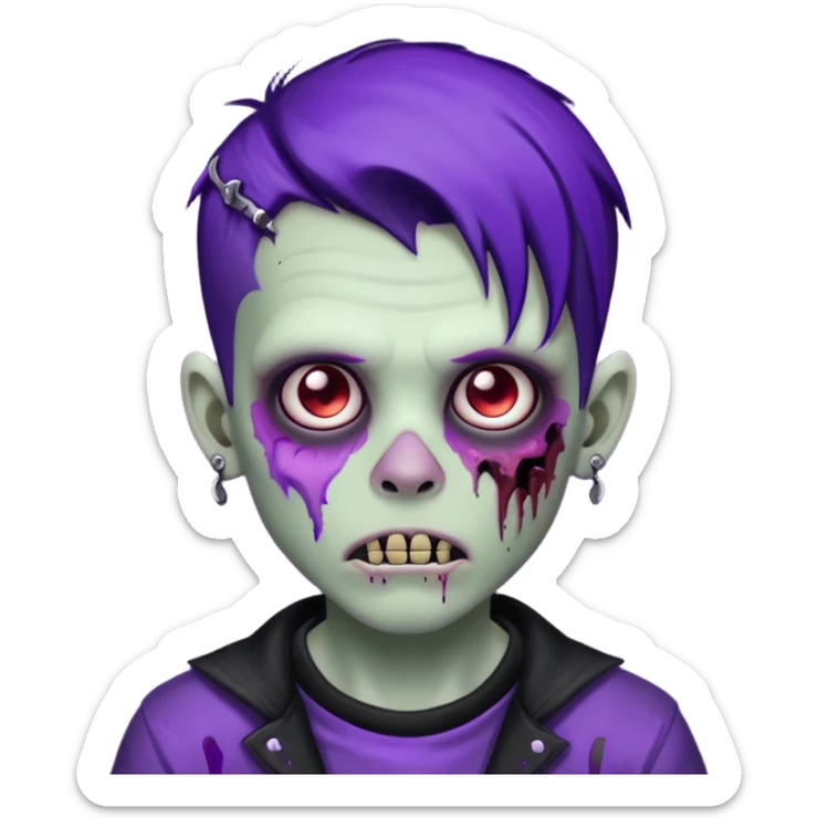 A zombie boy with black scene hair with purple streaks, ear gauges, and facial piercings  sticker