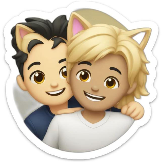 Gay couple, 1 Latino black hair, the other one Australian blonde hair with a cat in the middle laughing sticker