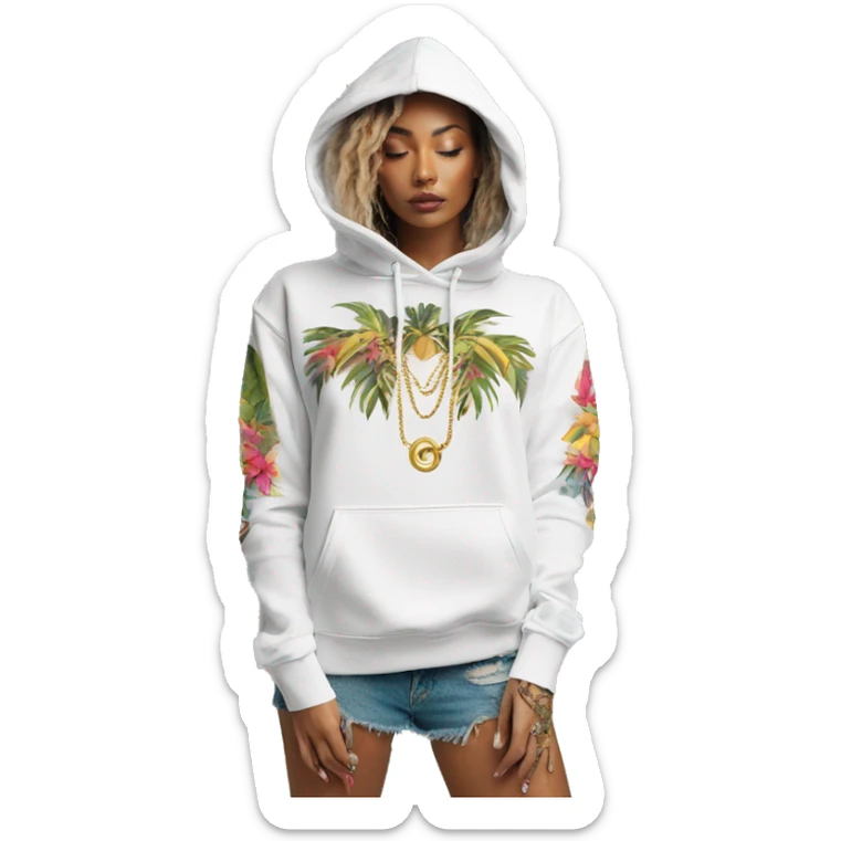 Trendy lady tropical multicoloured baroque hoodie with tattoos and gold chain sticker