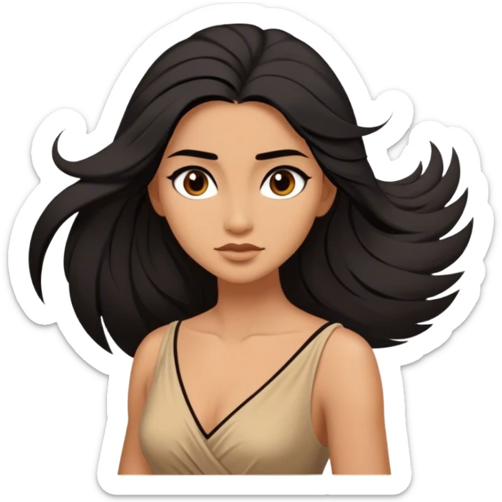 Cinematic Stunning Pocahontas Portrait Emoji, Windswept raven hair flowing behind her, deep brown eyes filled with wisdom and strength, glowing sun-kissed skin, wearing her elegant tan dress, the spirit of the wild in her expression, breathtakingly majestic! sticker