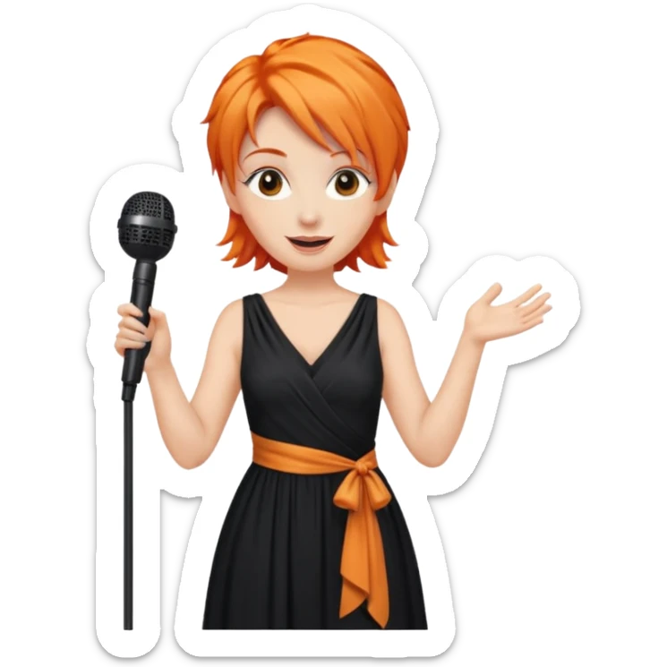 singer, Middle age, orange hair, happy, holding mic, wearing dress sticker
