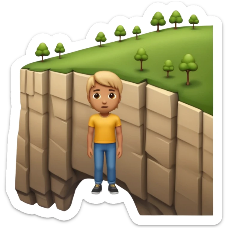 A 3D emoji of a person standing at the edge of a steep cliff in Apple style. The person faces forward, close to the edge, showing a sense of height and danger. Clean, glossy , isolated on white background.


 sticker