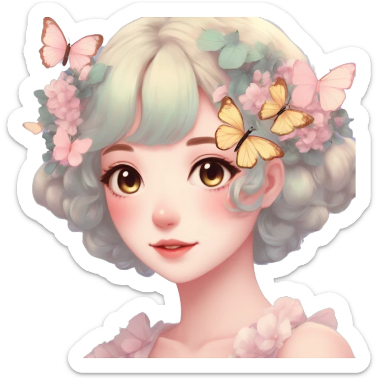 Gorgeous Pastel Anime-Style Lady Butterflies flower petals leaves around cottage core pastelcore kawaii aesthetic trending style sticker