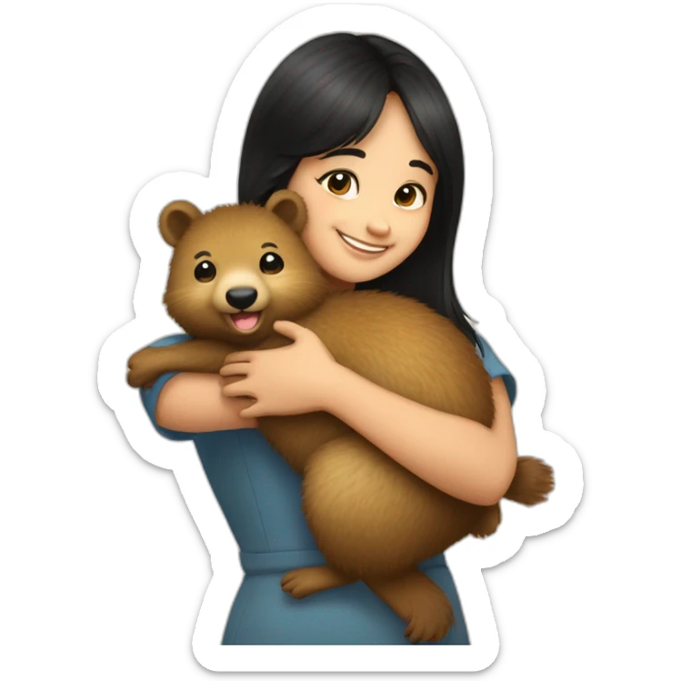 happy-girl-who-is-black-hair-and-hugging-happy-quokka sticker