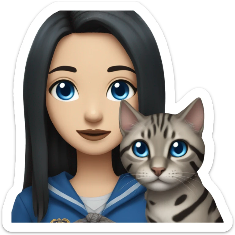 Girl with light skin and blue eyes, shoulder length streight black hair, wears a ravenclaw outfit, with a silver bengal cat holding in her arms sticker
