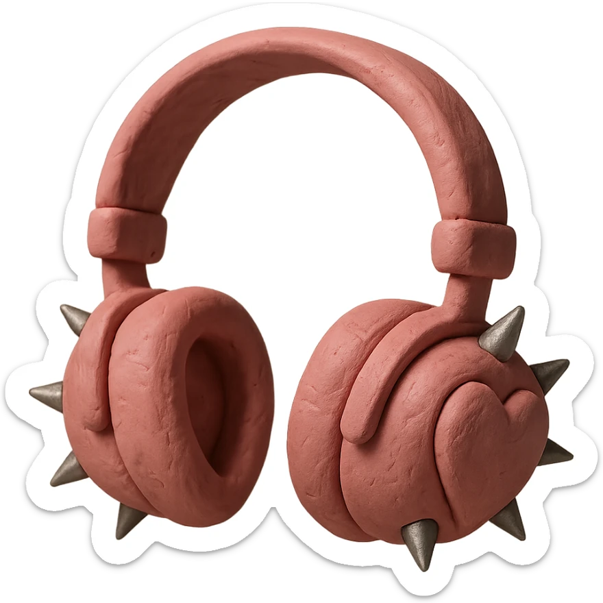 pink gothic headphones with heart-shaped ear cups and silver spikes in claymation style sticker