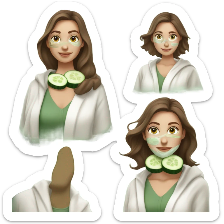 White girl with Brown hair and blue eyes wears a Green colored skincare clay textured mask and puts on cucumbers around her eyes while She relaxes in her white Robe sticker
