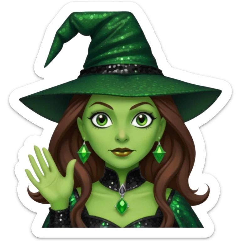 The Wicked Witch from Oz with long brown hair, green skin, black sequin outfit sticker