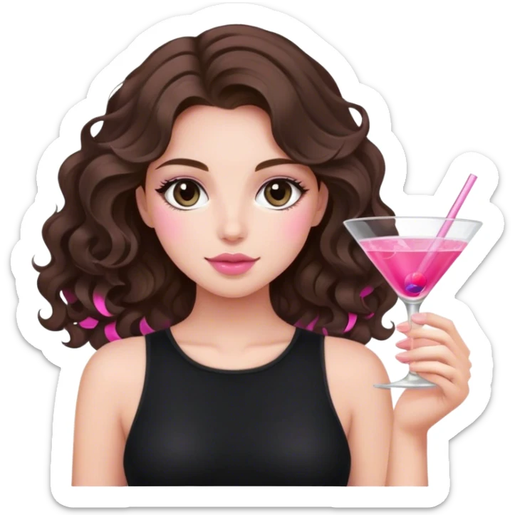 brunette wavy hair down girl black top holding a pink cosmo sticker