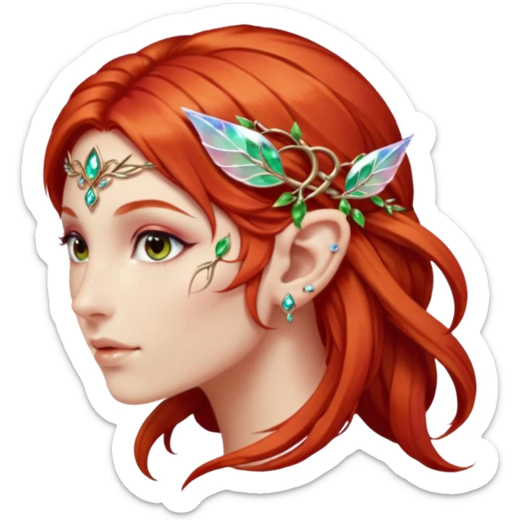 portrait of red haired Elvish fae shiny sparkly iridescent translucent diaphanous ear climber ear cuff sticker