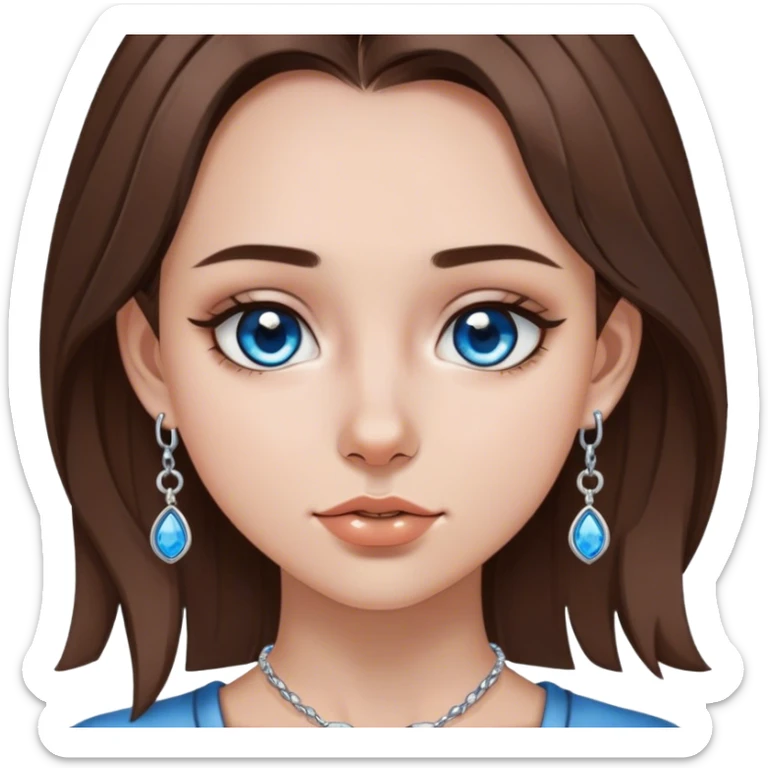 Girl with medium length brown hair, brown eyes, and silver septum piercing, silver earrings, and silver necklace with blue gem sticker