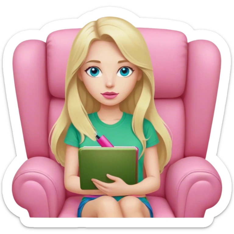 Cinematic realistic blonde with long hair, blue eyes and pink lips, dressed in a green T-shirt, sits in a beige armchair with a pink notebook and pen in her hands sticker