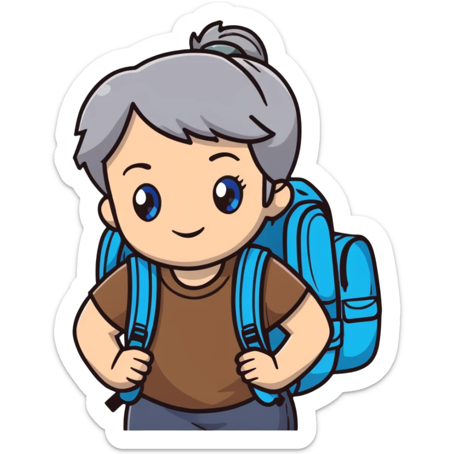 white woman park ranger with blue eyes, brown and gray hair, wearing a backpack sticker