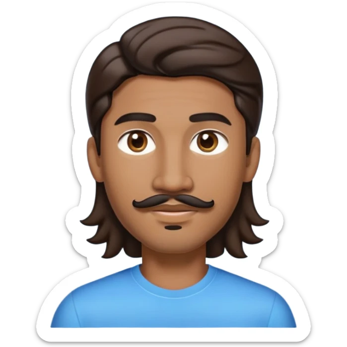 Apple-style emoji of young man with medium brown skin, mixed-race ethnicity, long wavy dark brown hair with perfect center part, cartoon-like stylized appearance, mustache separated from goatee, medium brown eyes, small diamond stud earrings, head only with no shoulders or neck sticker