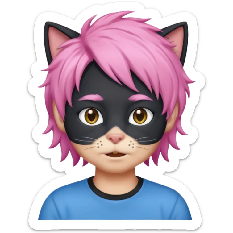 Black cat wearing a male pink hair wig, blue T-shirt sticker