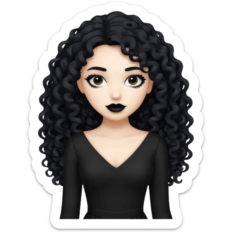 long black curly hair with white skin black dress and black lipstick sticker