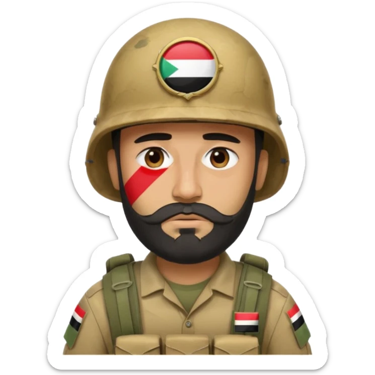 A tired and sad, swarthy Iraqi soldier with a beard, an Iraqi flag on his helmet, a sad expression and bags under his eyes sticker
