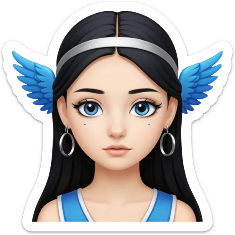 Girl with Black long straight hair with headband black one that puts hair pushed back winged eyeliner both upoer and lower line blue eyeshadow silver hoops  sticker