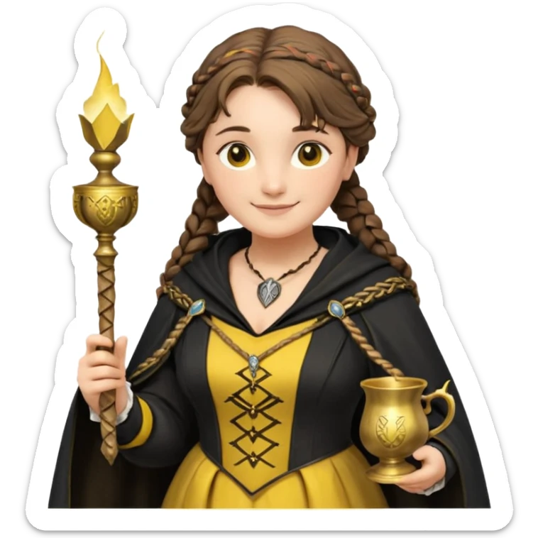 Helga Hufflepuff,the Hogwarts founder of Hufflepuff,brown-haired,2braids,yellow-black medieval dress with black cloak decorated with gold braiding,flickering magic wand and tiny two-handled shiny gold cup engraved with the badger silhouette,very kind smile,curvy busty sweet sticker