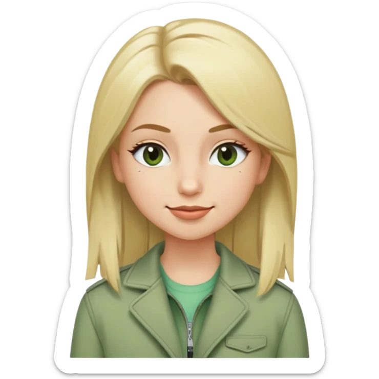 winking girl with straight blonde hair, fair skin, brown eyes, wearing mascara and a sage green jacket sticker