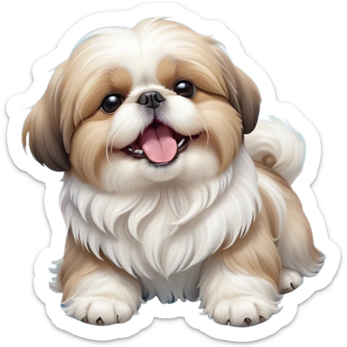 Cinematic Cute Yawning Shih Tzu Portrait Emoji, Head gently tilted with an irresistibly cute yawn and sleepy, half-closed eyes, showcasing a luxurious, fluffy fur in gentle pastel tones, simplified yet endearingly detailed, glowing with a soft, drowsy radiance, high shine, exuding tender, sleepy charm, styled with a delicate, soft glowing outline, capturing the essence of a Shih Tzu caught in a moment of adorable, sleepy bliss! sticker