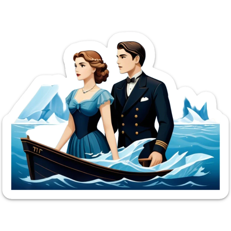 Icon for Titanic Movie: A vintage movie poster-style design featuring a dramatic scene of the ship, the iceberg, and a romantic silhouette of the main couple. Include elements like the ship’s bow, water splashes, and a starry sky in the background. Retro cinematic feel. Transparent background. sticker