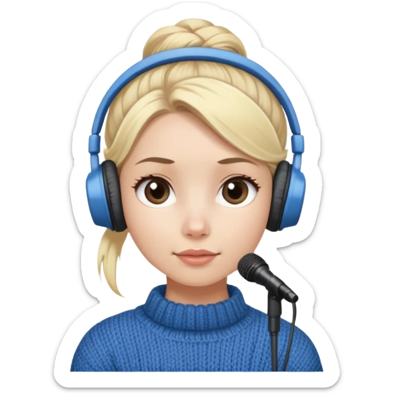 a cute face girl have bright white skin
and natural and small lips with
blue knitwear with a blonde one hair
bun and she is a podcaster in her
school. with recording microphone in
front of her not held and a headphone
in her head sticker